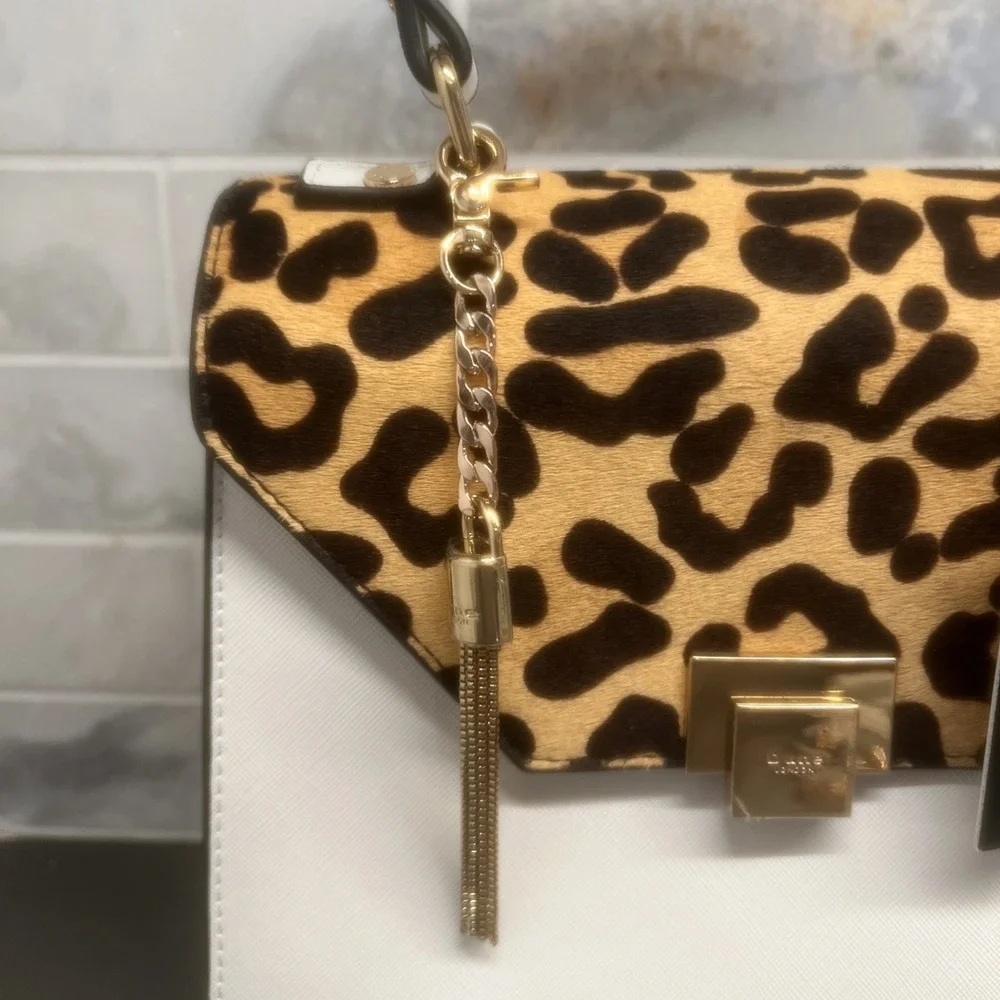 NEW-DUNE-White Leopard Women's Dune Genuine Calf Hair Leather Purse Handbag
